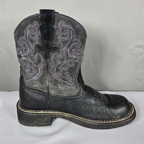 Ariat Fatbaby Western Boots Women 7B Black Leather Suede Purple Embroidery - Picture 2 of 11